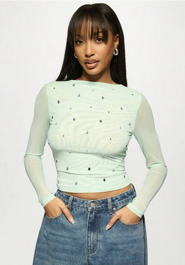 Women's fashion casual beaded slim mesh hollow long-sleeved t-shirt