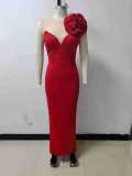 deep v flower slim solid color fashion elegant party dress
