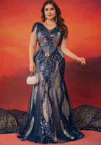 sequin Plus Size v-neck short-sleeved Chic cocktail formal Party evening dress