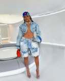 Washed Patchwork Denim Two Piece Shorts Set for Women