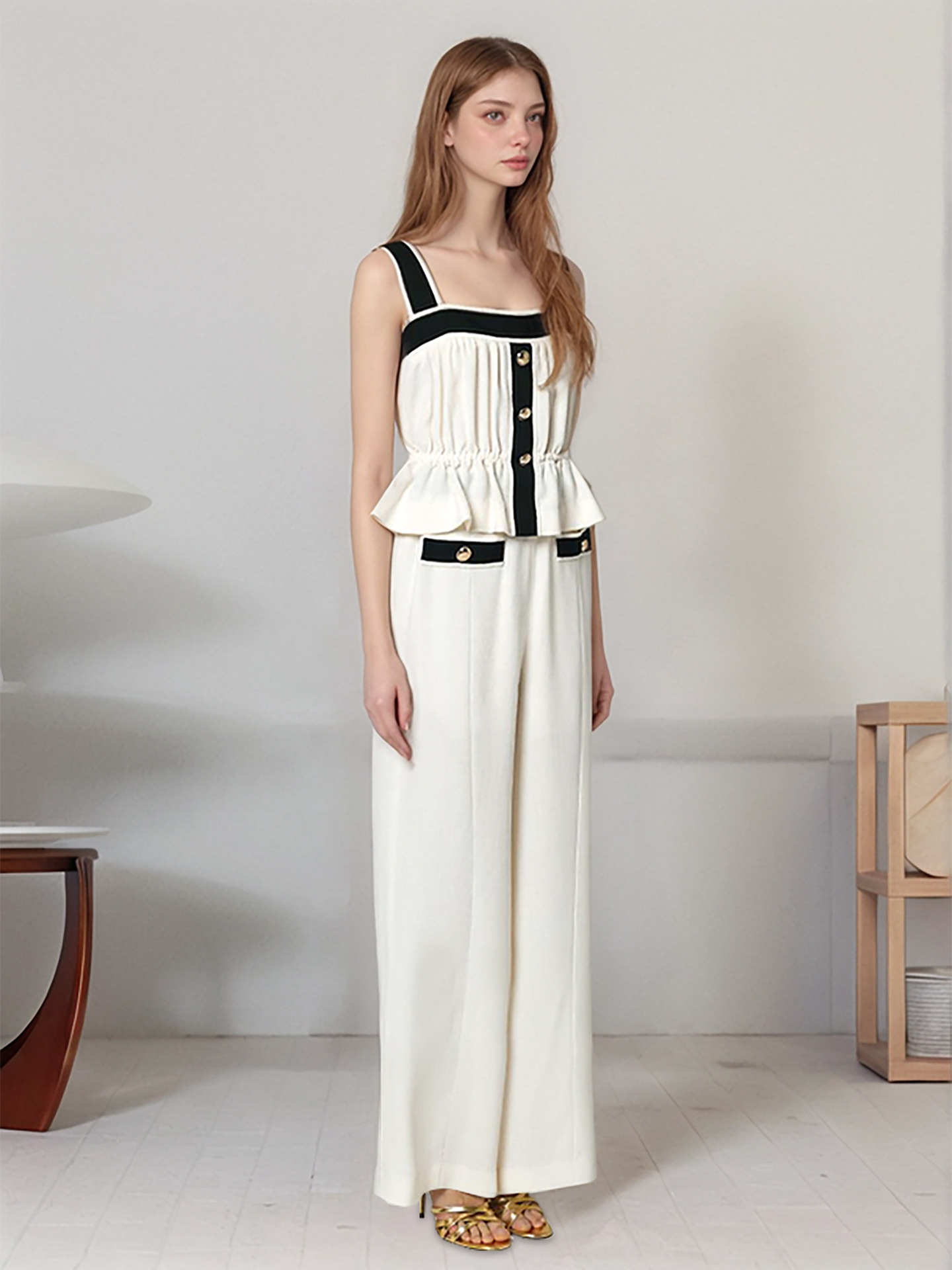 contrast color Square neck camisole pants fashion women's suit