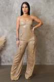 Women's PU Leather Strap Sleeveless Wide-Leg Jumpsuit