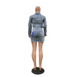 Casual Flag Print Denim Two Piece Shorts Set