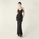 Sequin Feather Embellished Fishtail Evening Dress