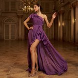 Women's Luxury one-shoulder Slash Shoulder Chiffon swing Formal Party slit evening dress