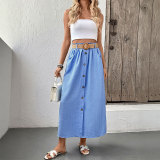 summer women's pocket button Belt skirt