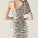 One-Shoulder Sequin Slim Evening Dress