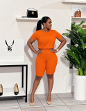 Fashion women's solid color orange Round Neck pullover t-shirt shorts 2-piece set