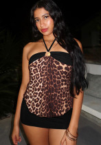 Women's Summer Tie Halter Leopard Patchwork Short Bodycon Dress