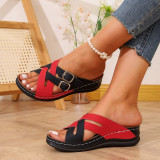 Plus Size Wedge Heel Slippers for Women Summer Belt Buckle Cross-Strap Colorblock Sandals