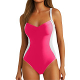 Steel-Supported Gathered Sexy One-Piece Patchwork Solid Color Slim Fit Swimsuit for Women