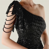 One-Shoulder Sequin Slim Evening Dress