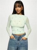 Women's fashion casual beaded slim mesh hollow long-sleeved t-shirt