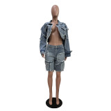 Washed Patchwork Denim Two Piece Shorts Set for Women