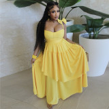 Women spring bow suspender v-neck ruffle dress