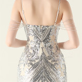 Sequin Feather Embellished Fishtail Evening Dress