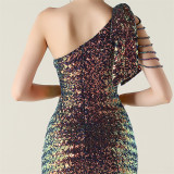 One-Shoulder Sequin Slim Evening Dress