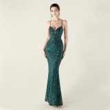 Embroidery Sequin Slim Waist Lace-Up Deep V Neck Strap Formal Party Evening Dress