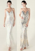 Sequin Feather Embellished Fishtail Evening Dress