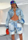 Washed Patchwork Denim Two Piece Shorts Set for Women