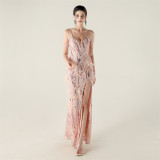 Feather Sequin Diamond Chain-Strap Deep V-Neck Fishtail Evening Dress