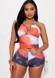 women's print Halter Neck two piece shorts set
