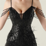 Feather Sequin Diamond Chain-Strap Deep V-Neck Fishtail Evening Dress