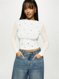 Women's fashion casual beaded slim mesh hollow long-sleeved t-shirt