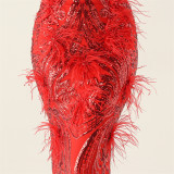 Sequin Feather Embellished Fishtail Evening Dress