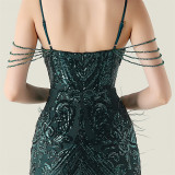 Sequin Feather Embellished Fishtail Evening Dress