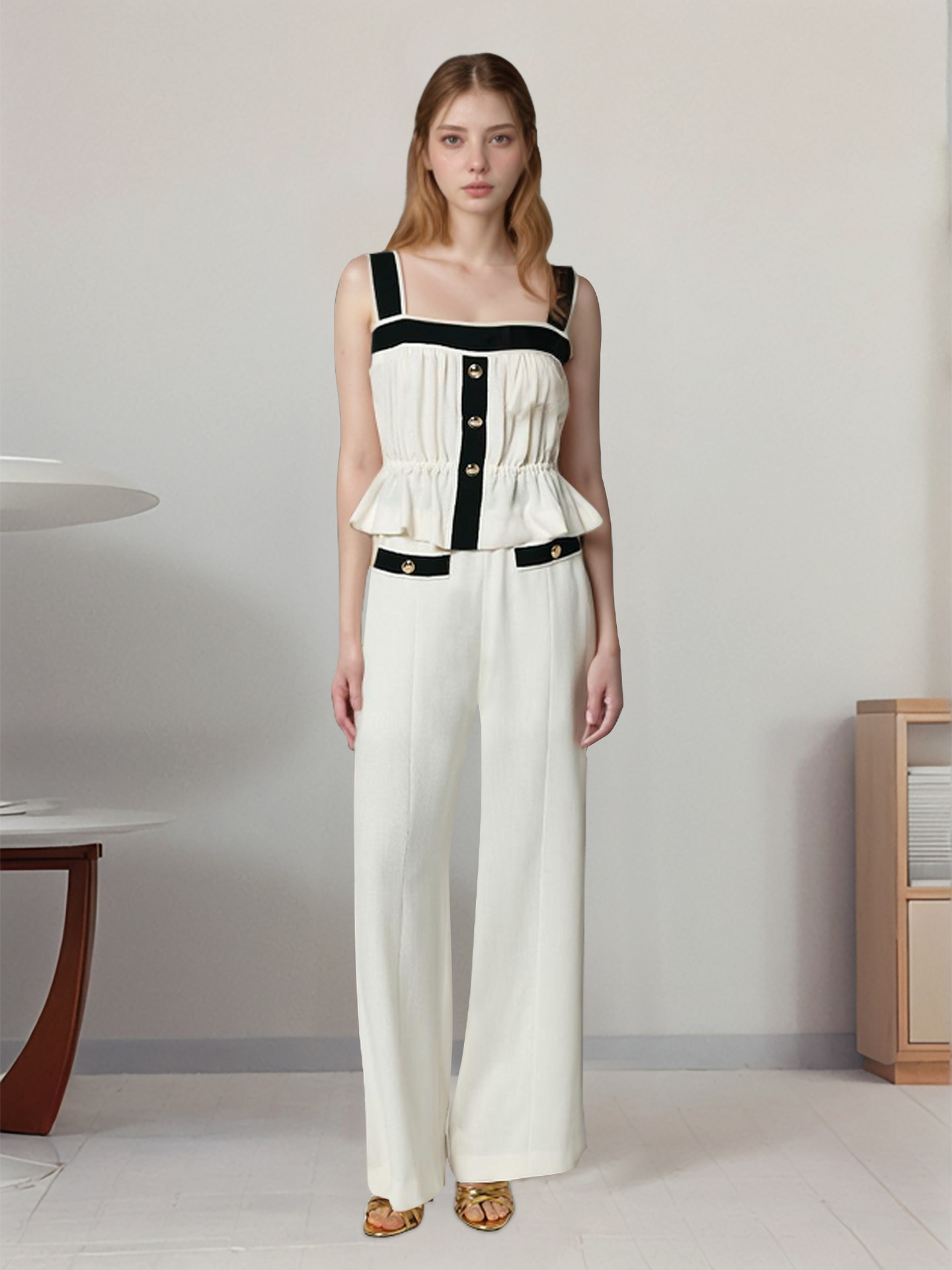 contrast color Square neck camisole pants fashion women's suit