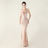 Embroidery Sequin Slim Waist Lace-Up Deep V Neck Strap Formal Party Evening Dress