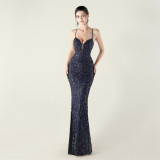 Embroidery Sequin Slim Waist Lace-Up Deep V Neck Strap Formal Party Evening Dress