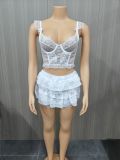 Plus Size Women Summer Sexy Lace Hollow Top and Skir Two-Piece Set