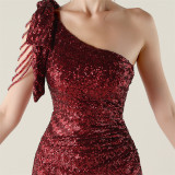 One-Shoulder Sequin Slim Evening Dress