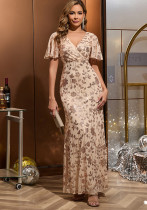 Women's short-sleeved v-neck luxury formal party dress embroidered shiny long dress