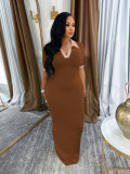Female Turndown Collar Short Sleeve Slim Fit Long Dress
