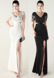 Beaded Chain Shoulder Deep V Hollow Slim Formal Party Evening Dress