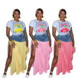 Women Denim Patchwork T-shirt Slit Plaid Skirt Two-piece Set