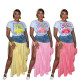 Women Denim Patchwork T-shirt Slit Plaid Skirt Two-piece Set