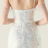 Sequin Feather Embellished Fishtail Evening Dress