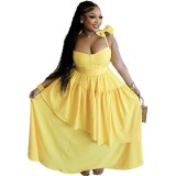 Women spring bow suspender v-neck ruffle dress