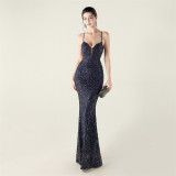 Embroidery Sequin Slim Waist Lace-Up Deep V Neck Strap Formal Party Evening Dress