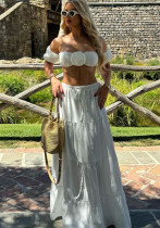 Women's Summer Solid Color Sexy Short-Sleeve off shoulder Pleated Ruffle skirt Set