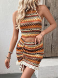 Women's summer Holidays knitting sleeveless Halter Neck vest drawstring short skirt two-piece set