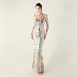 Sequin Feather Embellished Fishtail Evening Dress