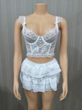 Plus Size Women Summer Sexy Lace Hollow Top and Skir Two-Piece Set