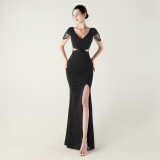 Beaded Chain Shoulder Deep V Hollow Slim Formal Party Evening Dress
