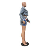 Casual Flag Print Denim Two Piece Shorts Set