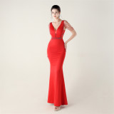 Deep V-Neck Beaded Slim Fit Formal Parties Weddings Evening Dress